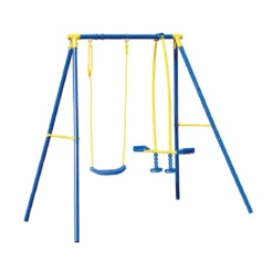 Altalena Cavallino Bambini 3 Posti Seggiolino + Cavalluccio Blu Metallo Alt 182