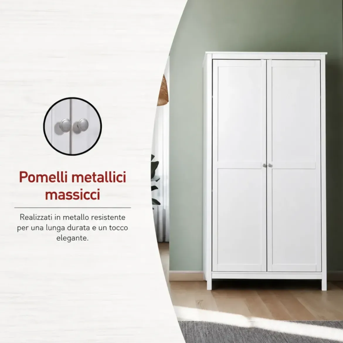 Armadio Camera da Letto 2 Ante con Asta Appendiabiti Legno Bianco