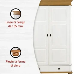 Armadio Camera da Letto 2 Ante 2 Cassetti Pino Massello Bianco Rovere