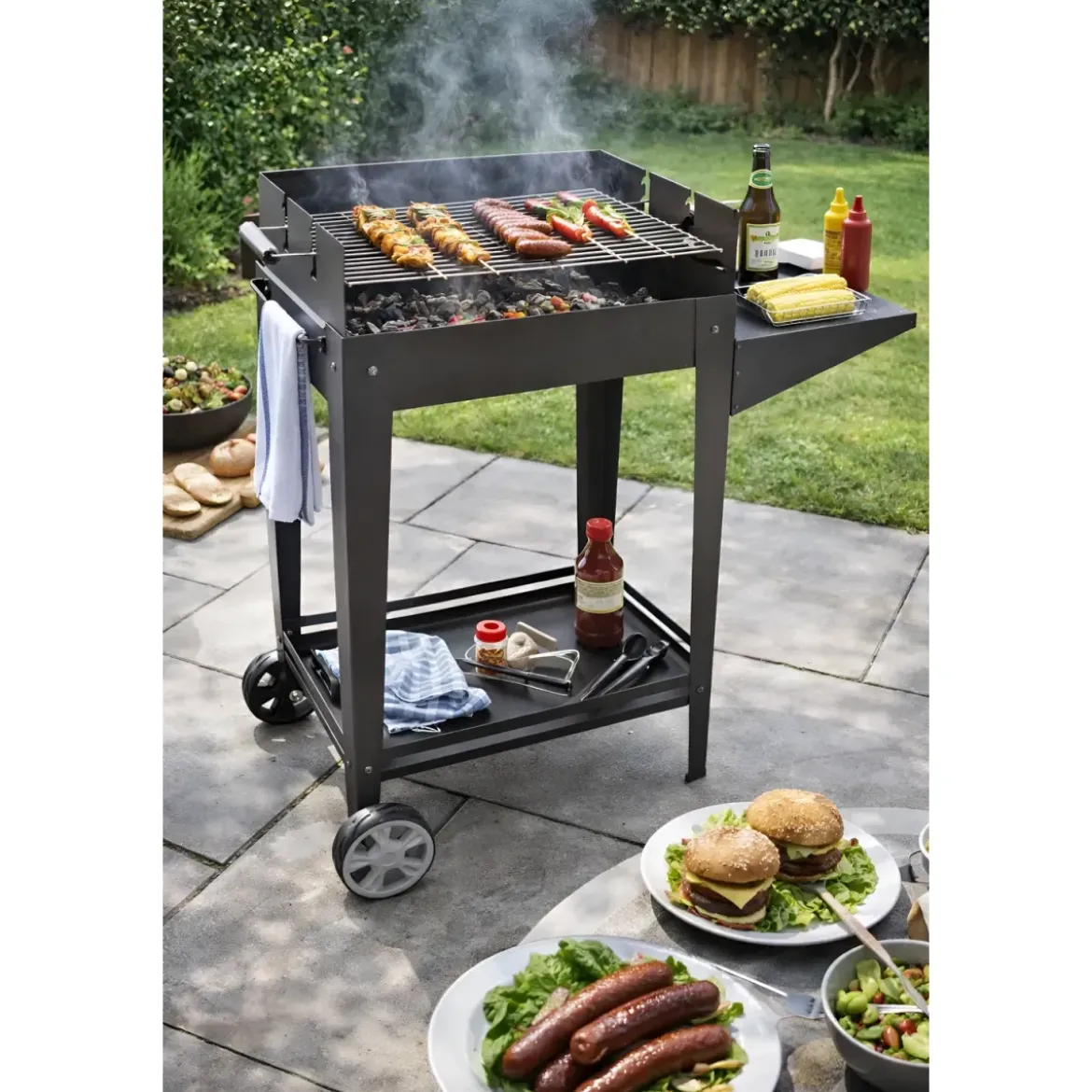 Barbecue a Carbone da Esterno con Griglia Regolabile in Acciaio Cromato