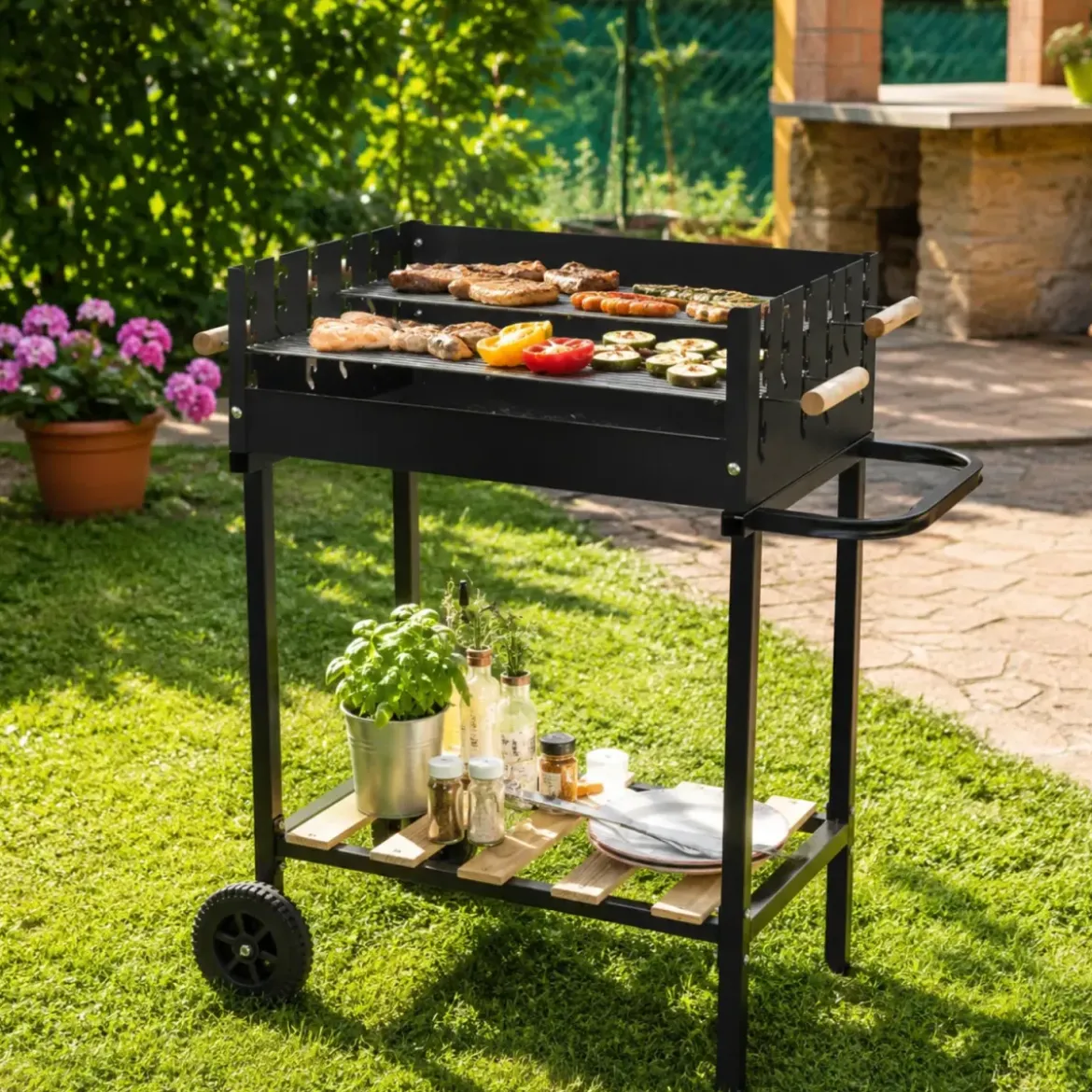Barbecue a Carbone da Giardino con Ripiano e Griglia Inox Regolabile
