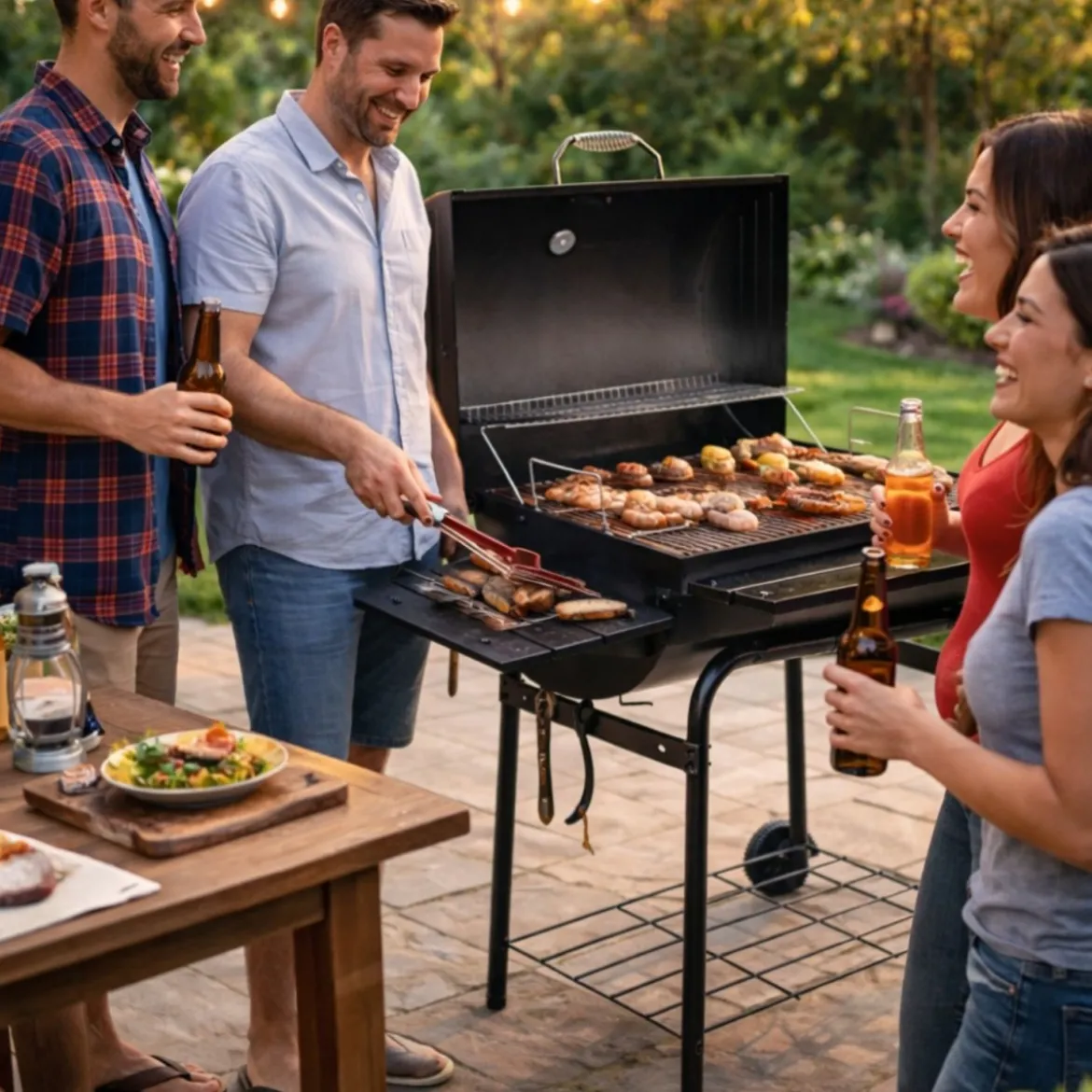 Barbecue a Carbonella Carbone con Affumicatore Coperchio BBQ Griglia Ghisa