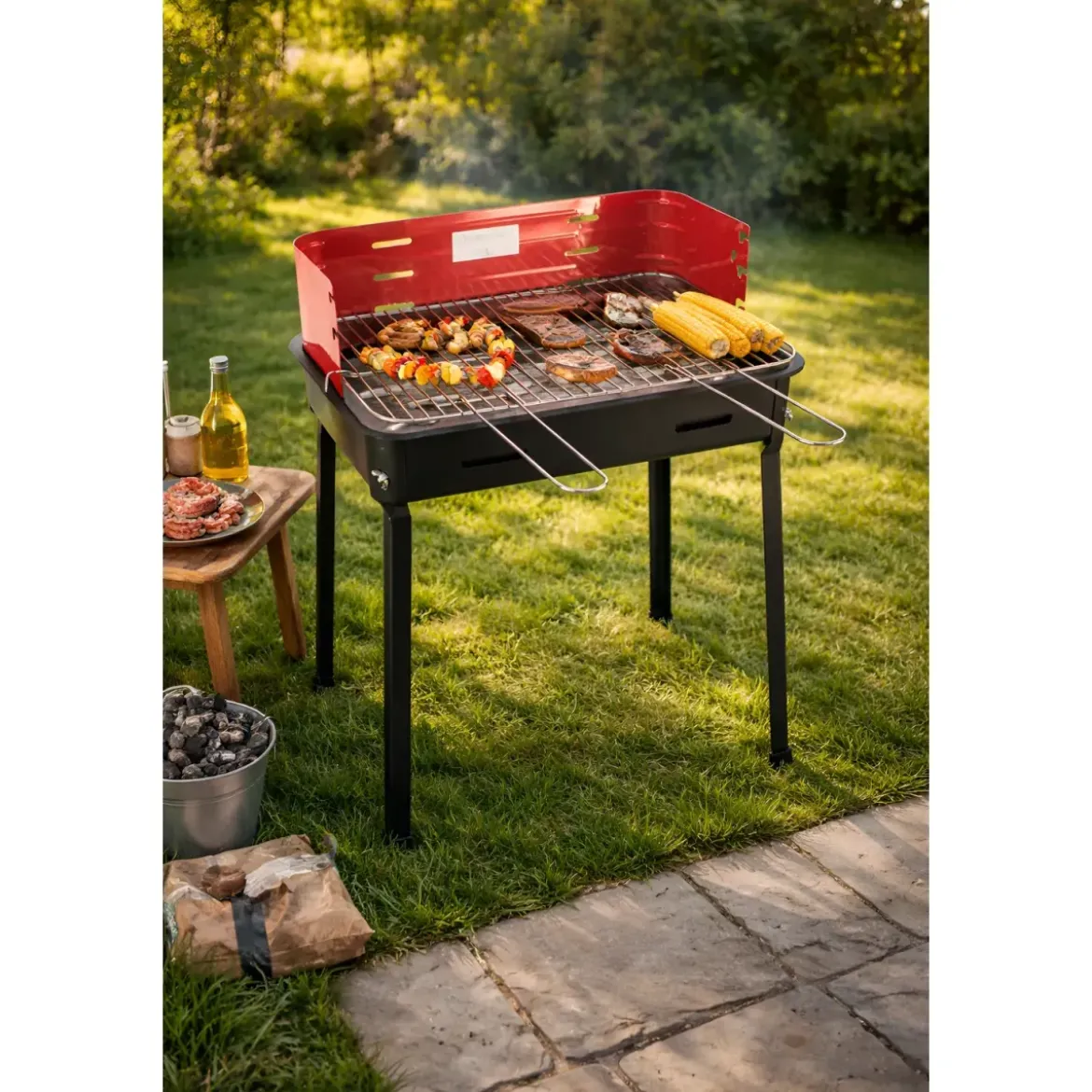 Barbecue a Carbonella 50x30x75 cm Griglia Regolabile Acciaio Rosso