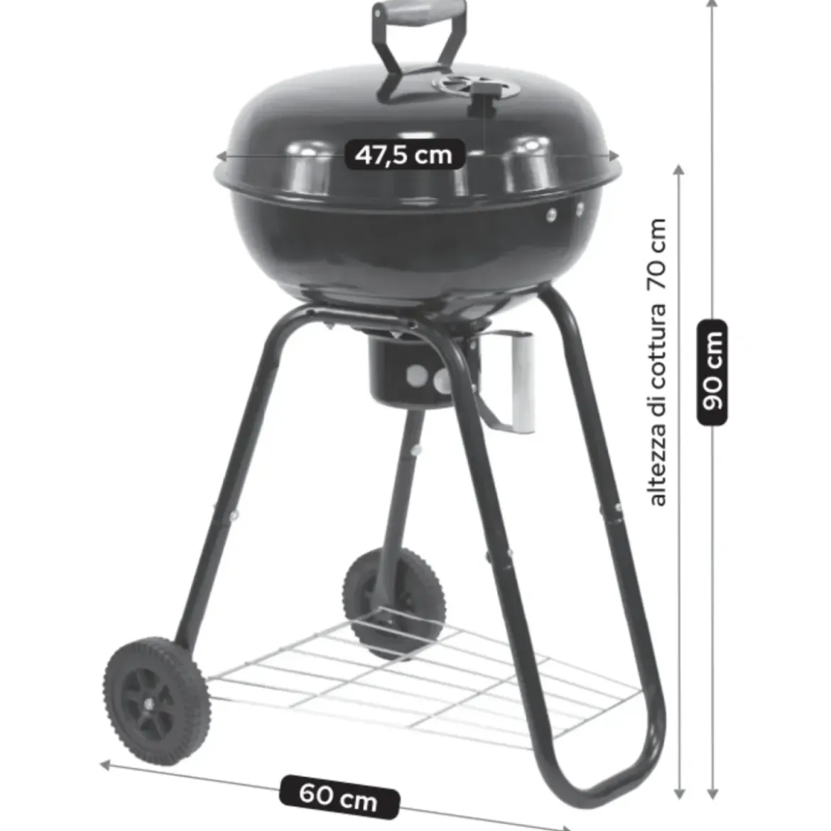 Barbecue a Carbone Rotondo con Griglia Inox Coperchio con Termometro