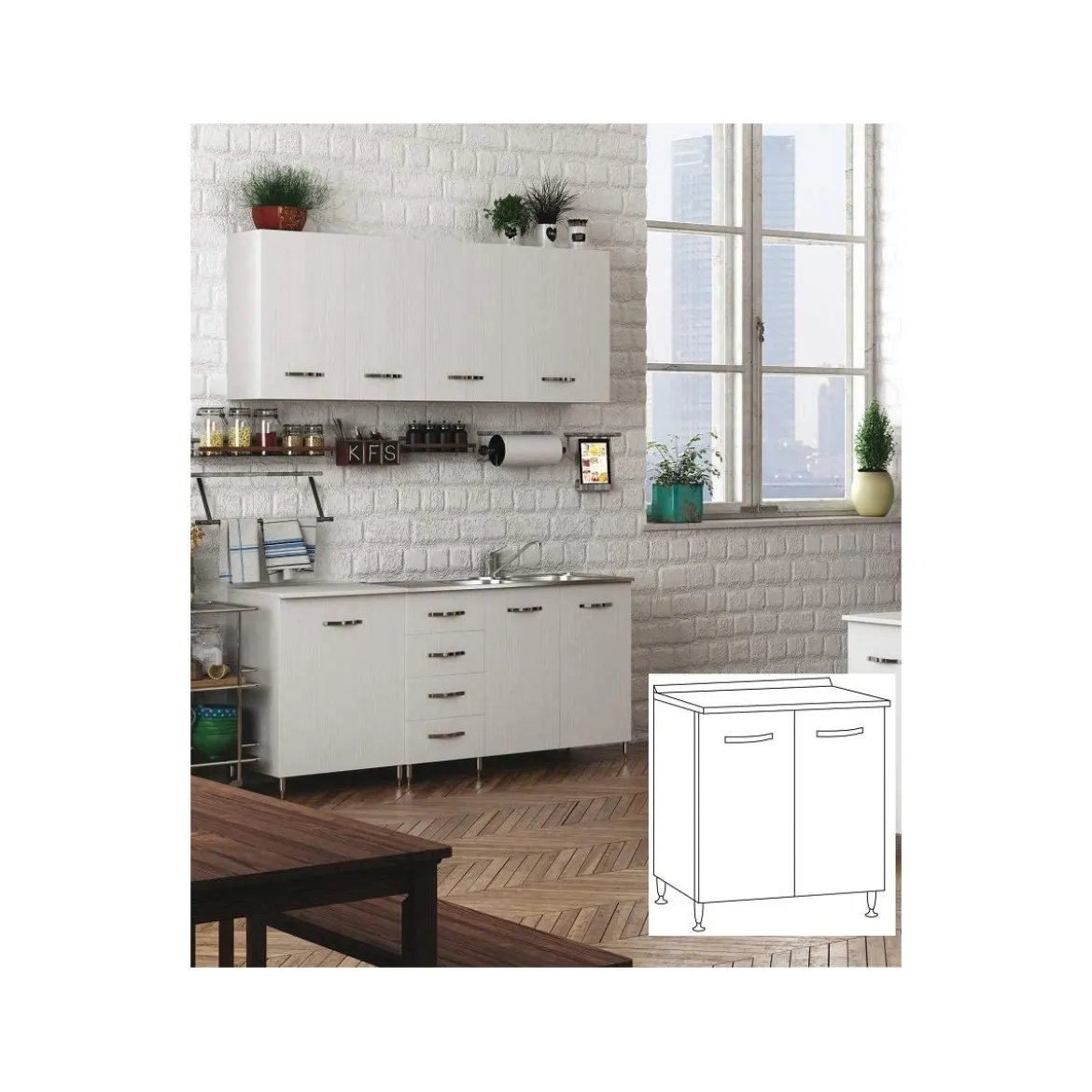 Base per Cucina 80 cm in Legno Bianco Larice Dispensa 2 Ante
