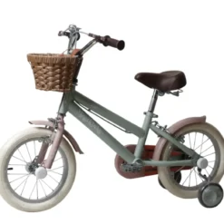 Bicicletta 14" Bambini Verde Regolabile Rotelle Cestino Freni Caliper