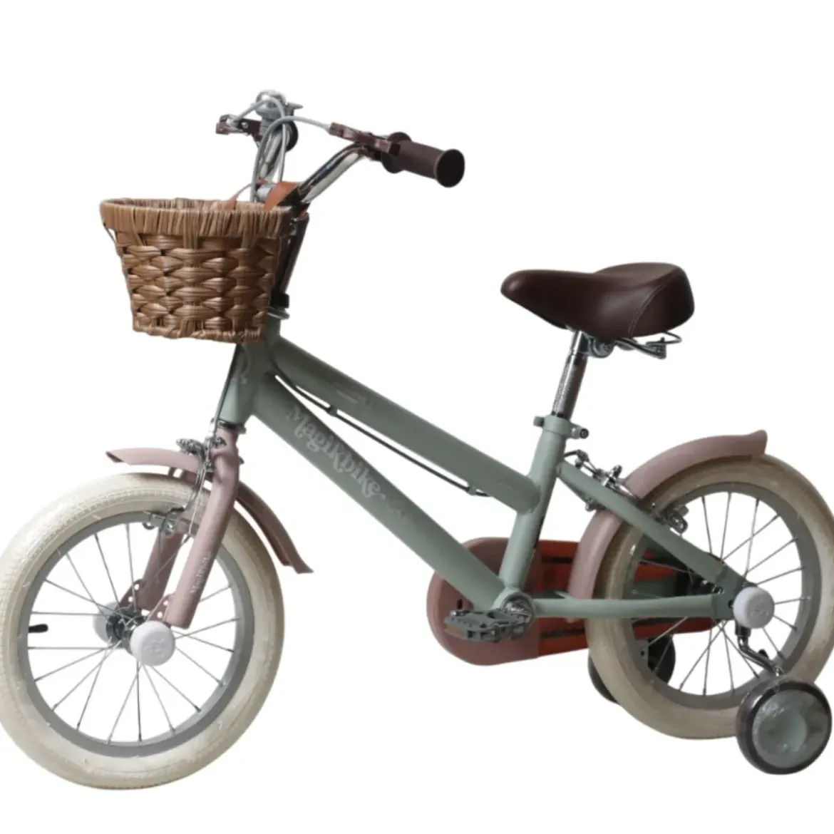 Bicicletta 14" Bambini Verde Regolabile Rotelle Cestino Freni Caliper