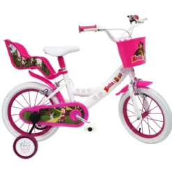 Bicicletta per Bambini 16" Masha e Orso Bianco con Portabambola Rotelle
