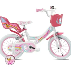 Bicicletta per Bambini 14" Rosa Unicorno Rotelle Removibili Cestino