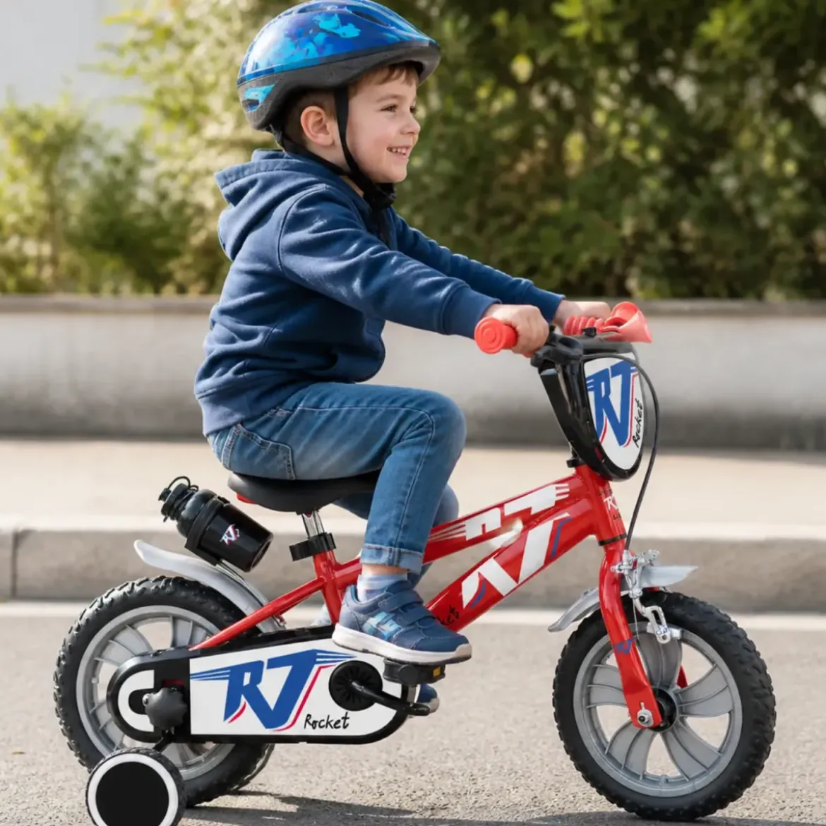 Bicicletta per Bambini 12" Rosso Rocket Rotelle Borraccia Trombetta