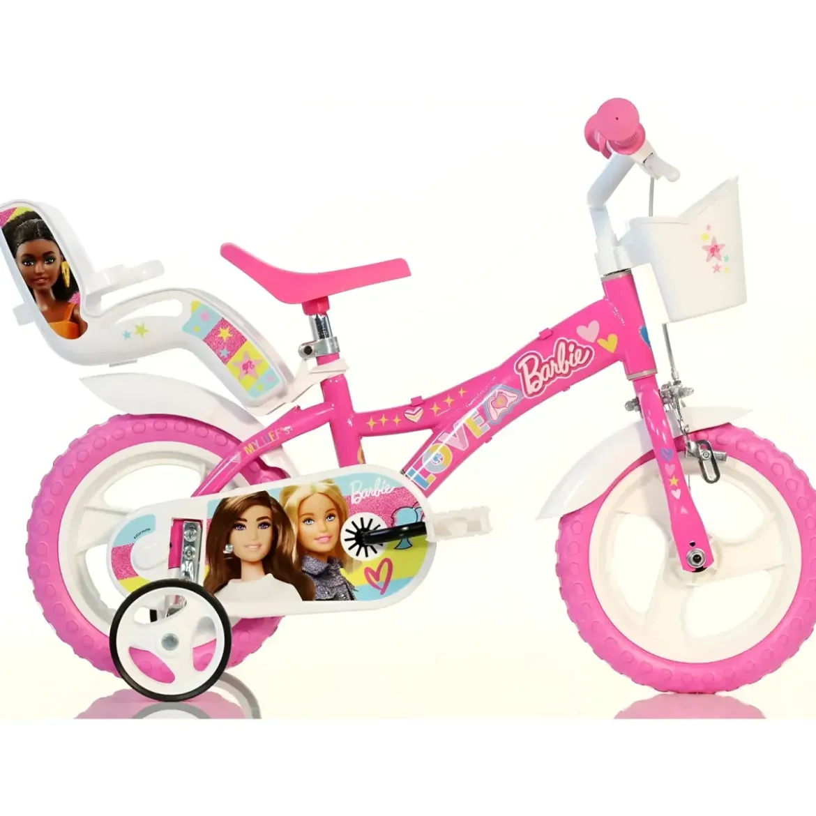 Bicicletta Rotelle Barbie 12" per Bambini Rosa con Cestino Seggiolino