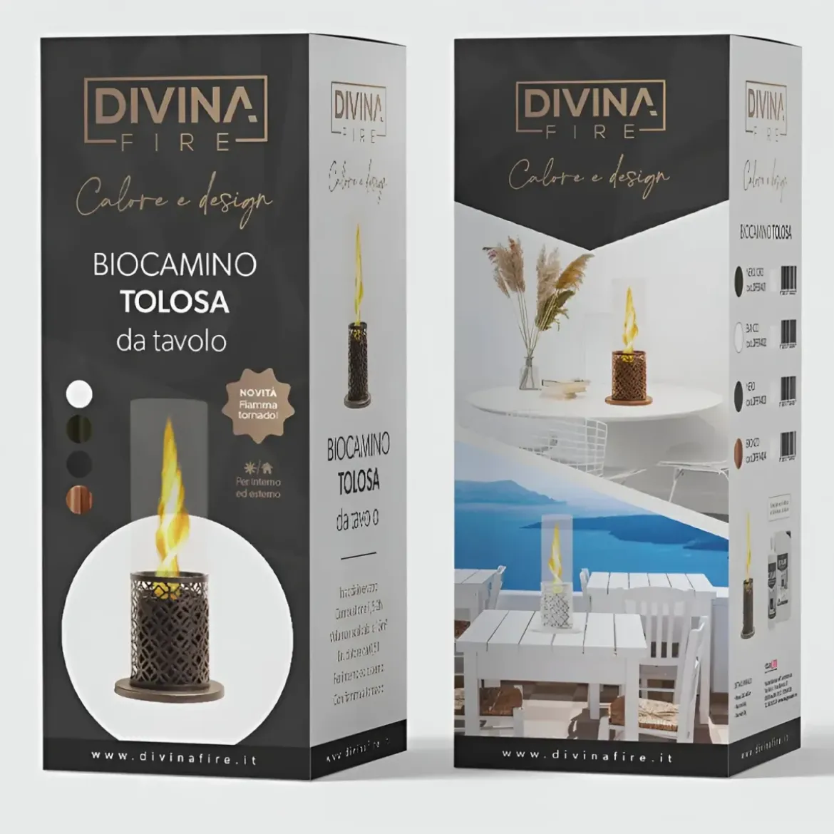 Camino a Bioetanolo da Tavolo Nero Oro Ø20 in Acciaio con Vetro Arredo