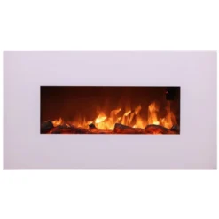 Camino Elettrico da Parete a Muro con Led Fiamma Finta Vetro Acciaio 1500 Watt Bianco
