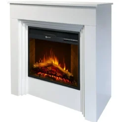 Camino Elettrico da Pavimento 1800W Legno Bianco Termostato Digitale