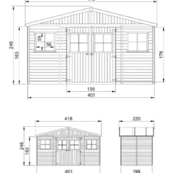 Casetta da Giardino 4x2 m Legno 17 mm Pavimento Doppia Porta Finestre