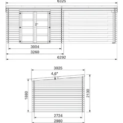 Casetta in Legno da Giardino 632×298 cm Doppia Porta a Vetri Portico