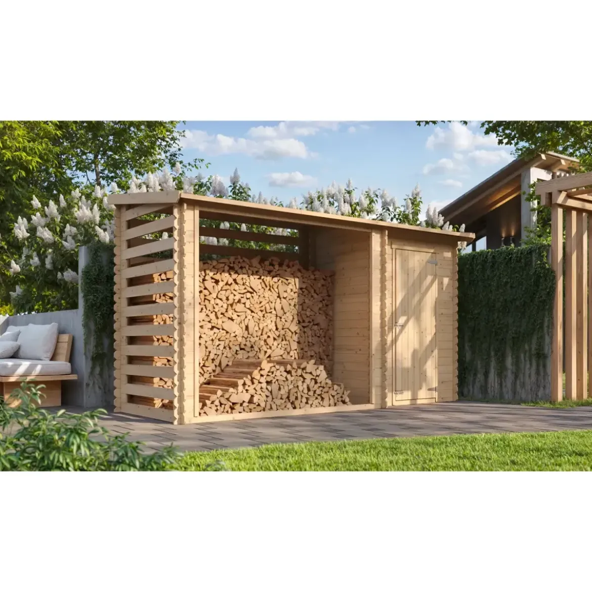 Casetta in Legno Grezzo 344x130 cm con Tetto Bitumato Legnaia Esterna