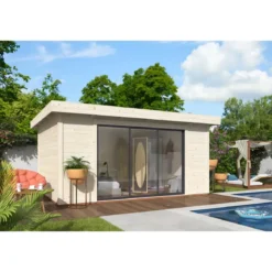 Casetta in Legno Naturale 28 mm 450x330 cm Porta Scorrevole in Vetro