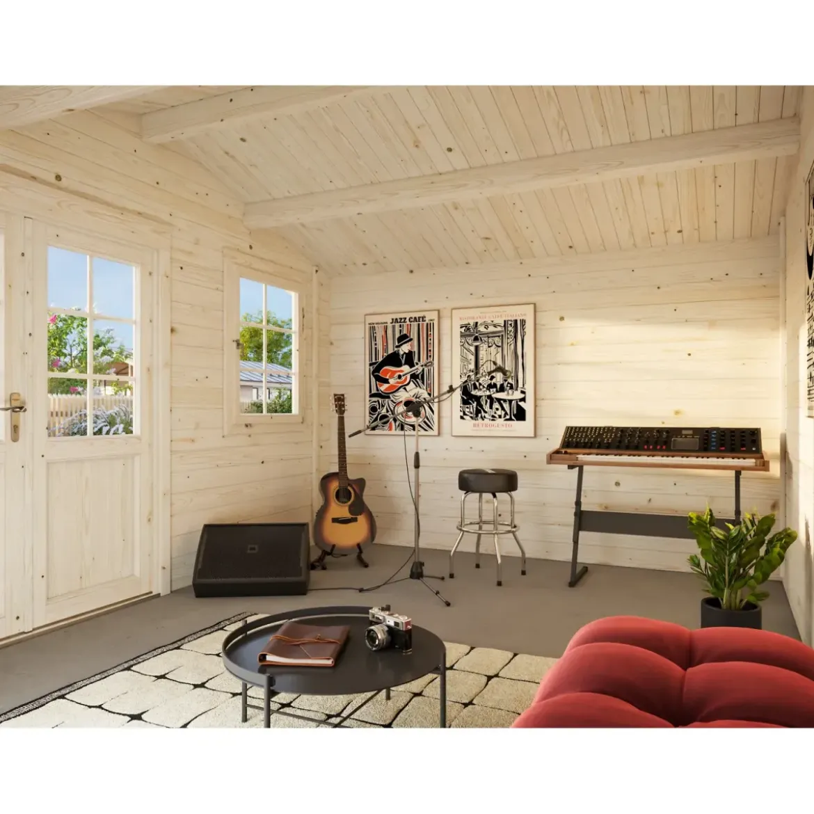 Casetta in Legno 380x320 cm Blockhouse 28 mm Doppia Porta Finestra