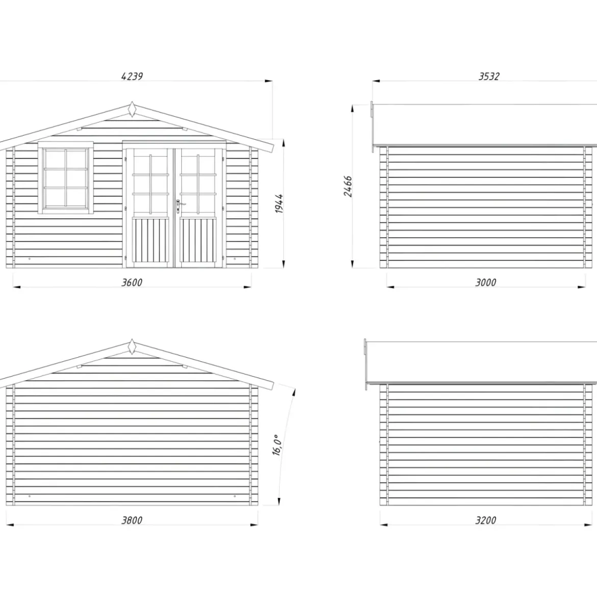 Casetta in Legno 380x320 cm Blockhouse 28 mm Doppia Porta Finestra