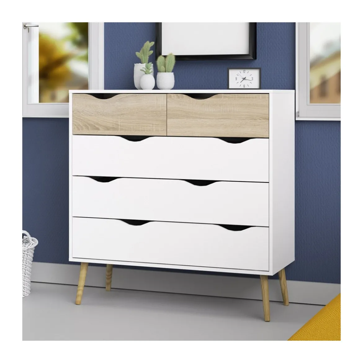 Cassettiera Como 100 Bianco Rovere 5 Cassetti Cassettone Camera Letto Cameretta