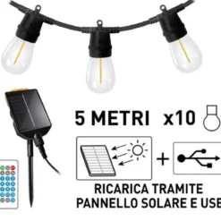 Catena Luci per Gazebo Pergole 10 LED Luce Solare Calda 5m Telecomando