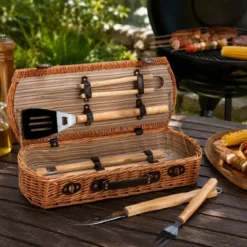 Cesto Barbecue con Set 5 Utensili Valigetta in Vimini per Picnic