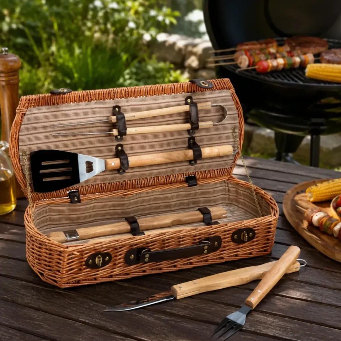 Cesto Barbecue con Set 5 Utensili Valigetta in Vimini per Picnic