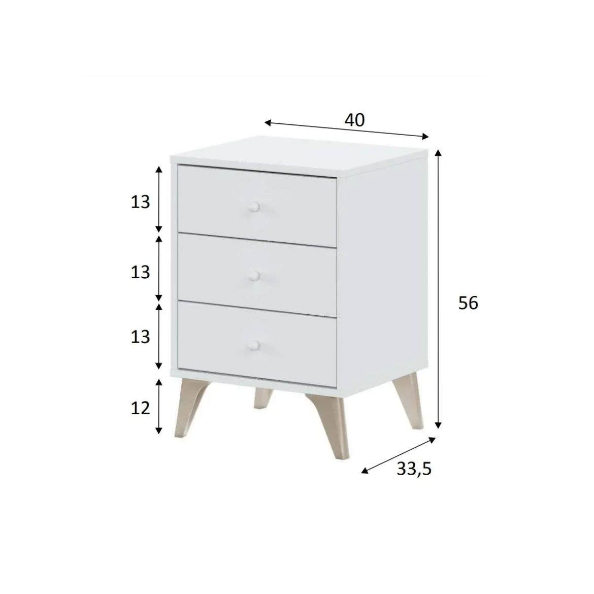 Comodino 40 Bianco 3 Cassetti Cassettiera Camera Letto Studio Moderno Cameretta