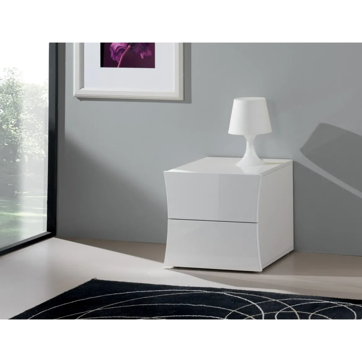 Comodino 2 Cassetti in Legno Bianco Lucido Camera da Letto