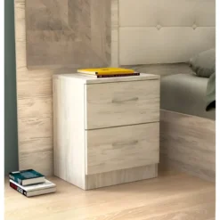 Comodino 2 Cassetti Rovere Chiaro Bianco Ges Camera da Letto Moderno