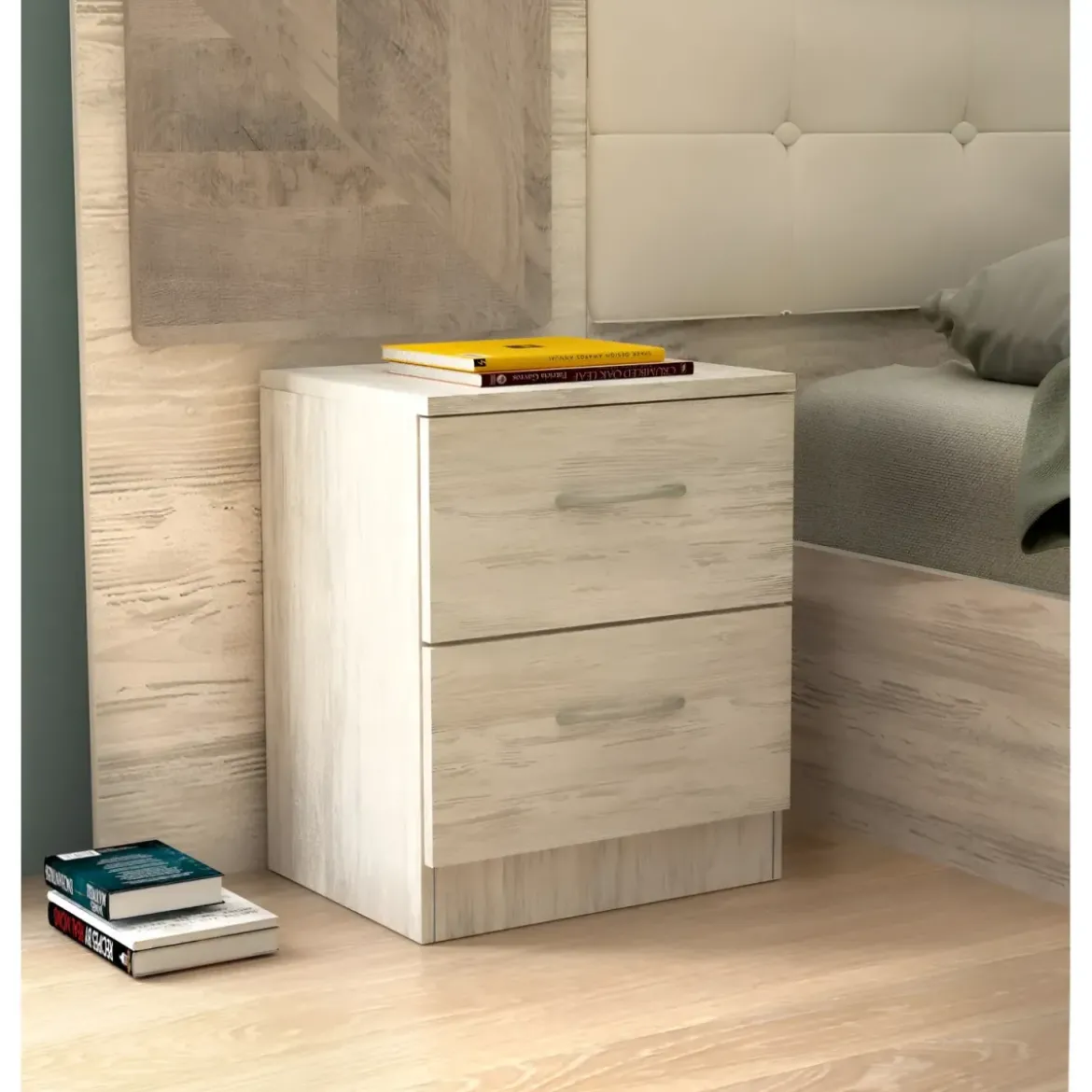 Comodino 2 Cassetti Rovere Chiaro Bianco Ges Camera da Letto Moderno