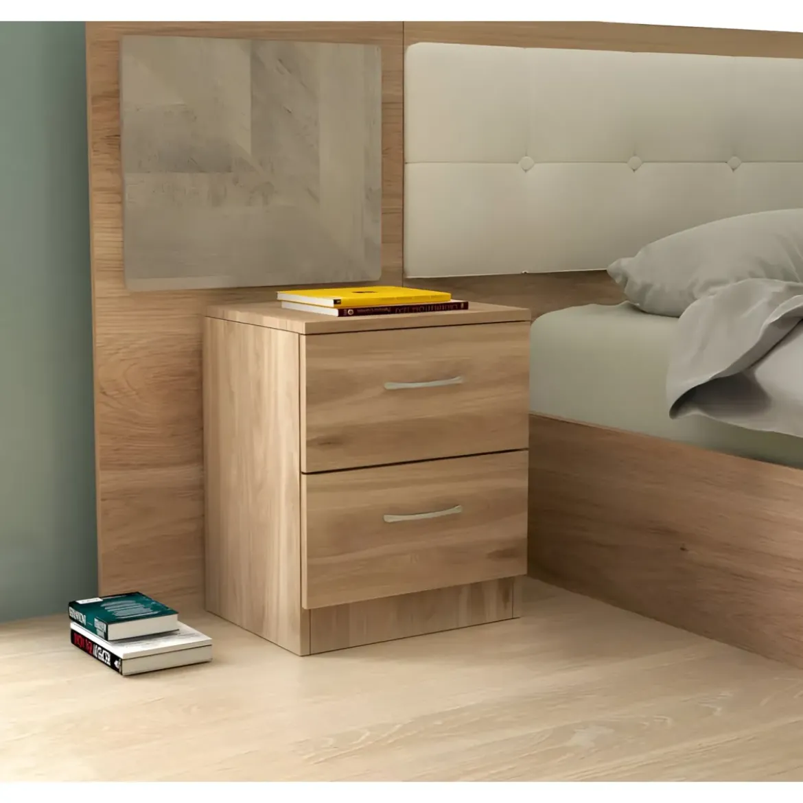 Comodino 2 Cassetti Rovere per Camera da Letto Moderno Salvaspazio