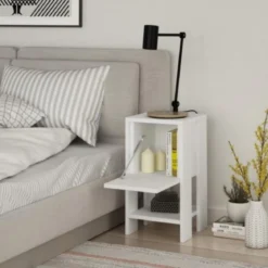 Comodino con Anta a Ribalta e Ripiano Bianco per Camera da Letto