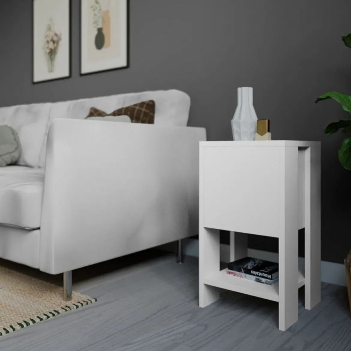 Comodino con Anta a Ribalta e Ripiano Bianco per Camera da Letto