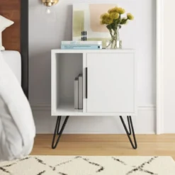 Comodino con Anta e Vano Salvaspazio per Camera da Letto Bianco Moderno