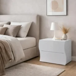 Comodino con 2 Cassetti Onda in Legno Bianco Lucido Camera da Letto