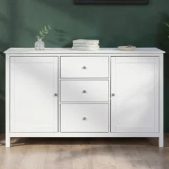 Credenza da Cucina 3 Cassetti 2 Ante in Legno Bianco Madia Moderna
