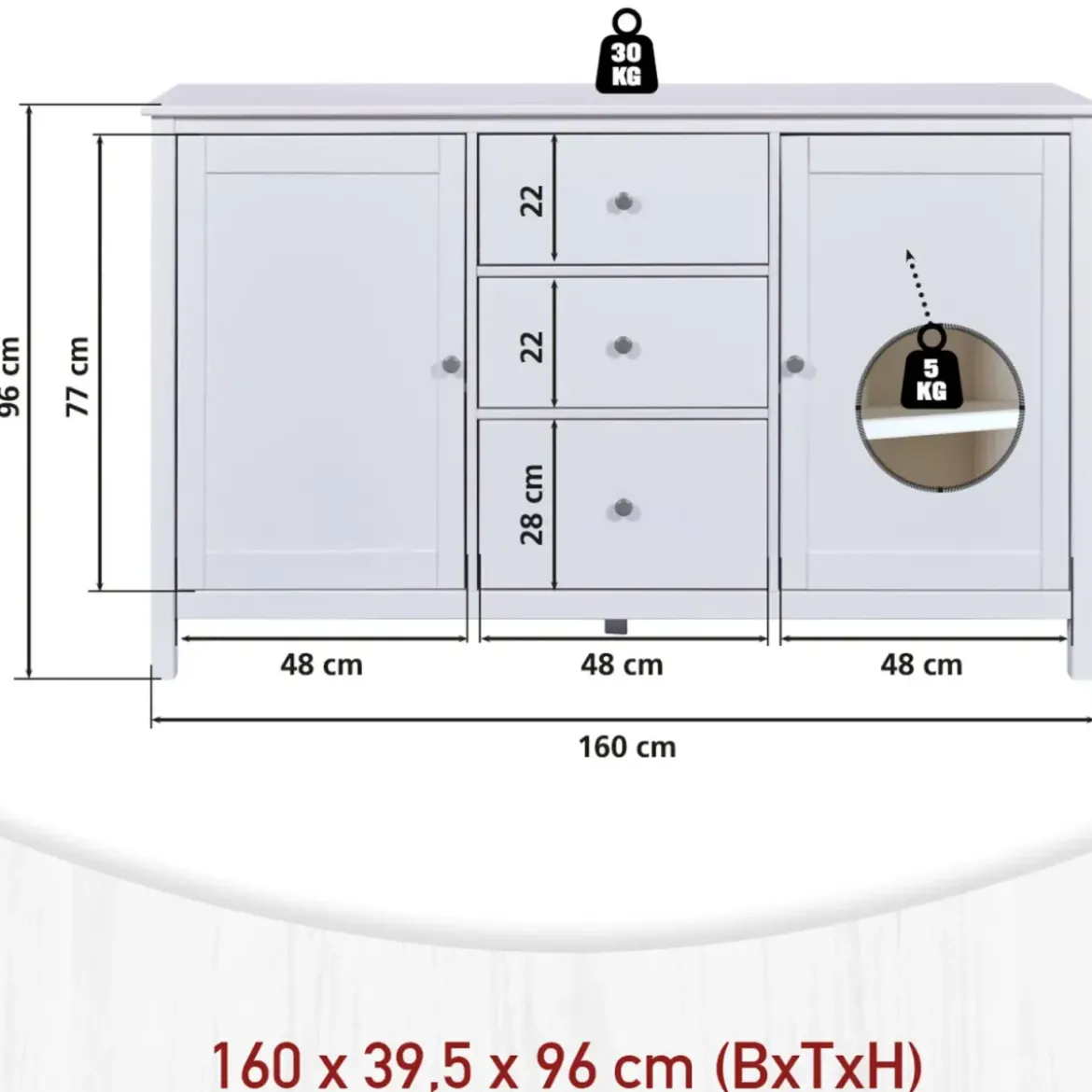 Credenza da Cucina 3 Cassetti 2 Ante in Legno Bianco Madia Moderna
