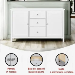 Credenza da Cucina 3 Cassetti 2 Ante in Legno Bianco Madia Moderna