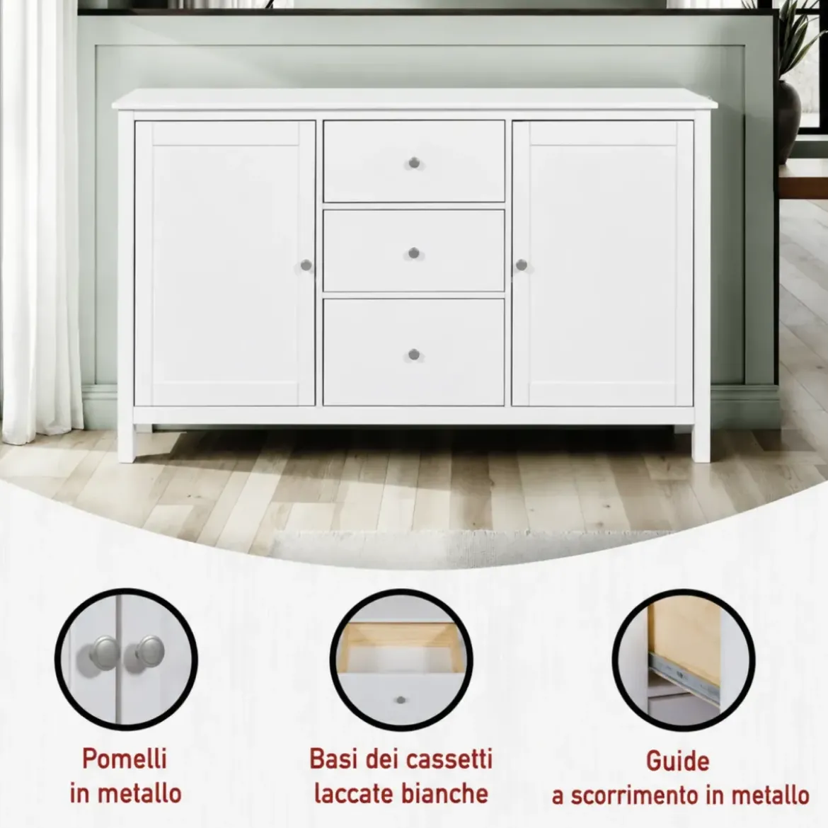 Credenza da Cucina 3 Cassetti 2 Ante in Legno Bianco Madia Moderna