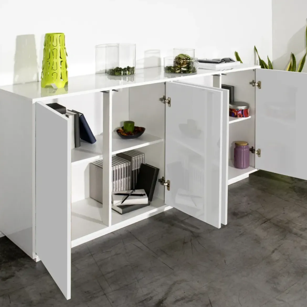 Credenza da Soggiorno 180 cm Bianco Laccato Lucido 4 Ante Push to Open