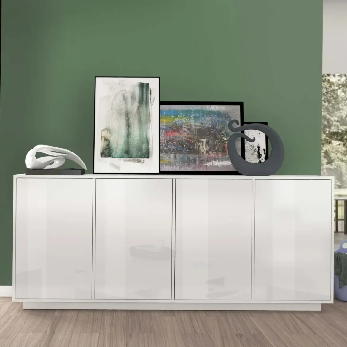 Credenza da Soggiorno 180 cm Bianco Laccato Lucido 4 Ante Push to Open
