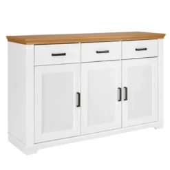 Credenza da Soggiorno in Legno Massello Bianco Rovere 3 Ante 3 Cassetti