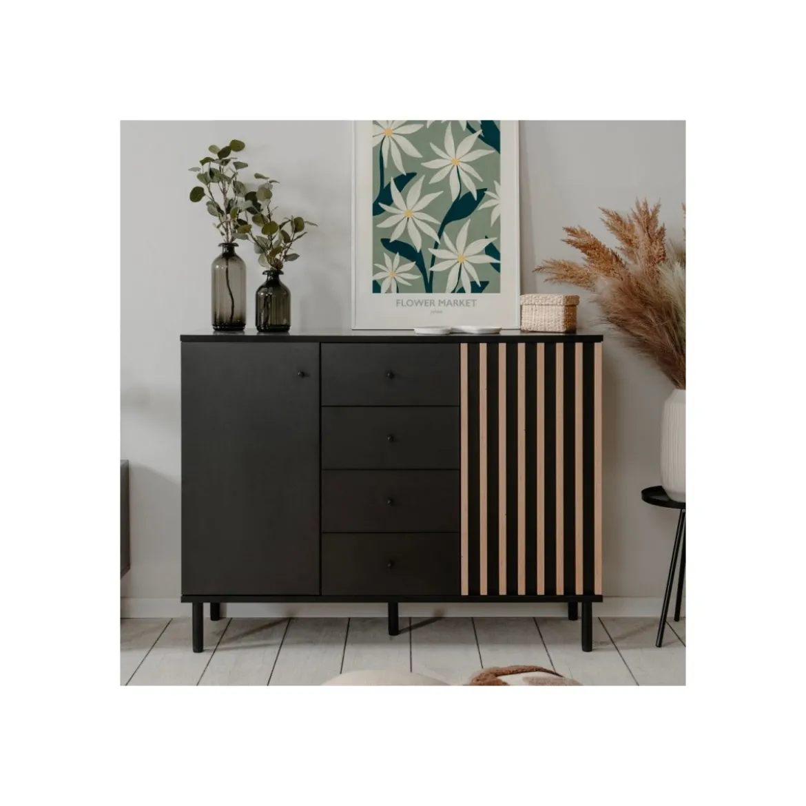 Credenza Madia 2 Ante e 4 Cassetti Nero con listelli Rovere