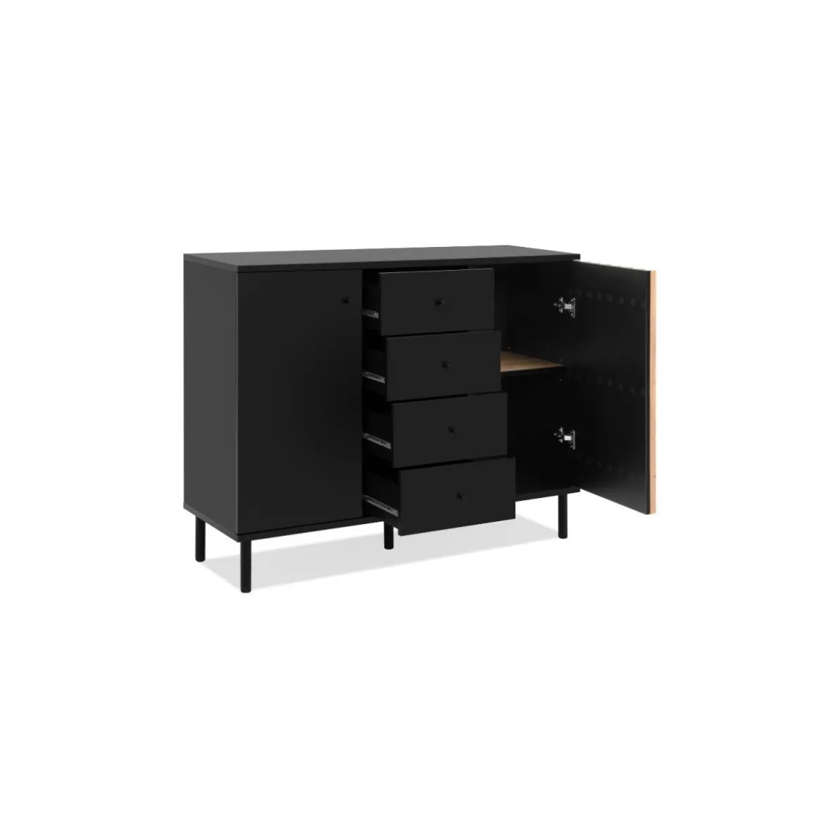Credenza Madia 2 Ante e 4 Cassetti Nero con listelli Rovere