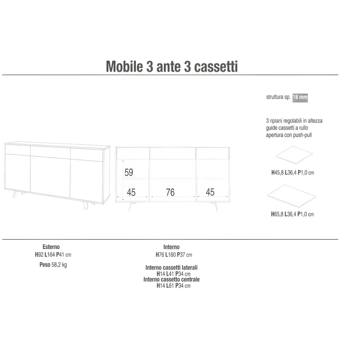 Credenza Moderna 164x41x92 cm 3 Ante 3 Cassetti Bianca e Ruggine