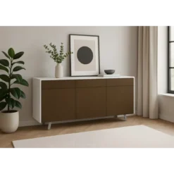 Credenza Moderna 164x41x92 cm 3 Ante 3 Cassetti Bianca e Ruggine