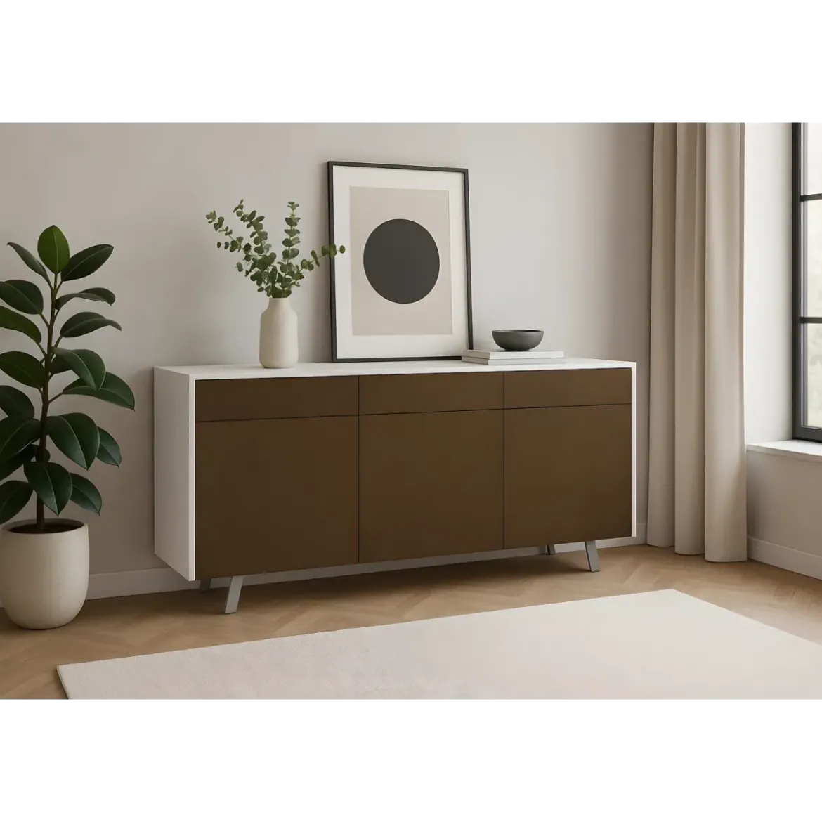 Credenza Moderna 164x41x92 cm 3 Ante 3 Cassetti Bianca e Ruggine