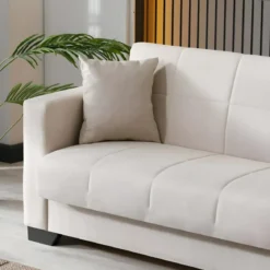 Divano Letto 3 Posti in Tessuto Crema con Contenitore 213x81x83 cm
